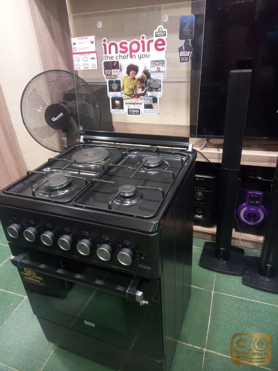 MIKA Standing Cooker, 58cm x 58cm, 3 Gas Pool Jet Burners + 1 RAPID Hot Plate, Button Ignition, 3 Function Electric Oven, Matt Black